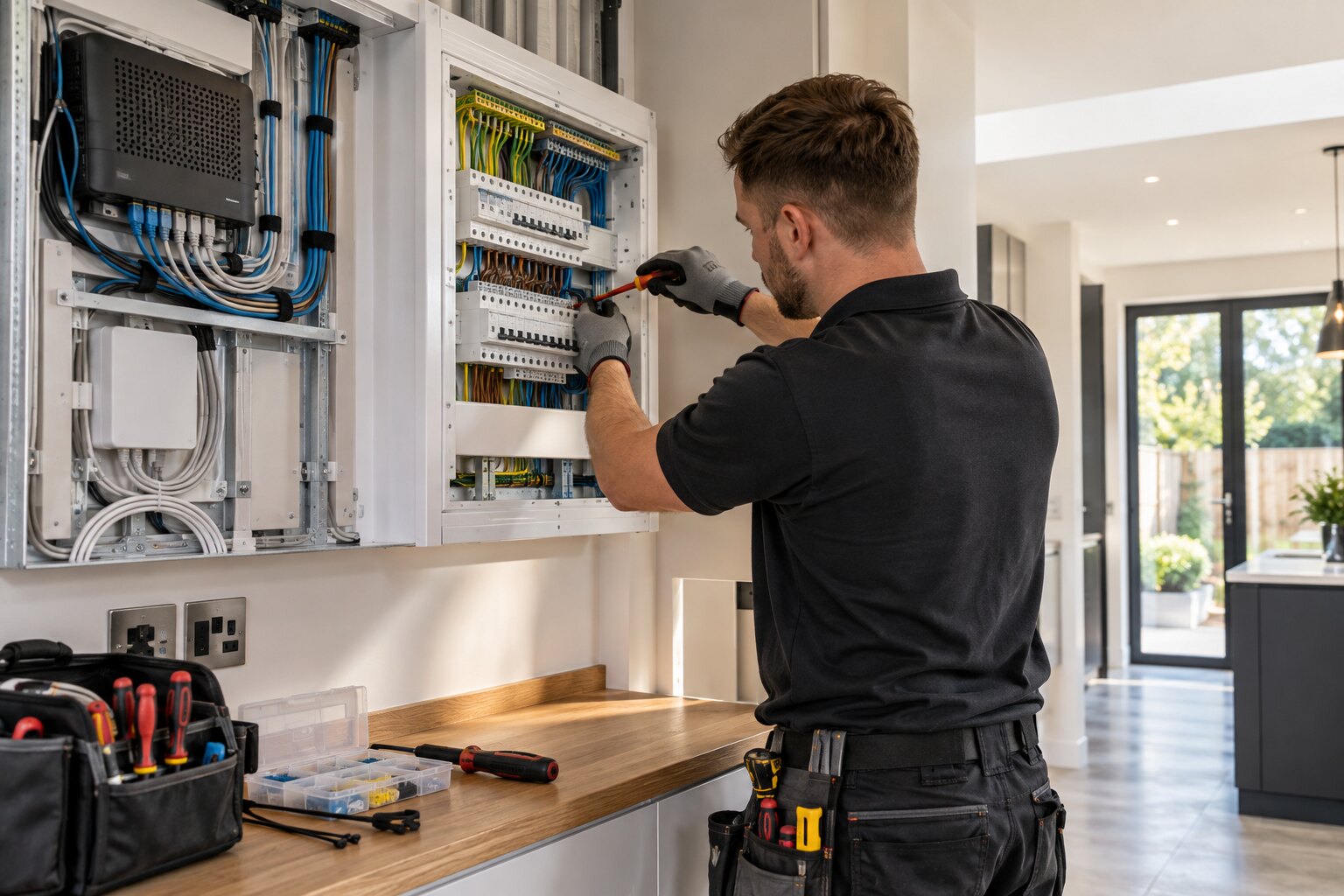 Electrician installing a modern consumer unit in a West London property