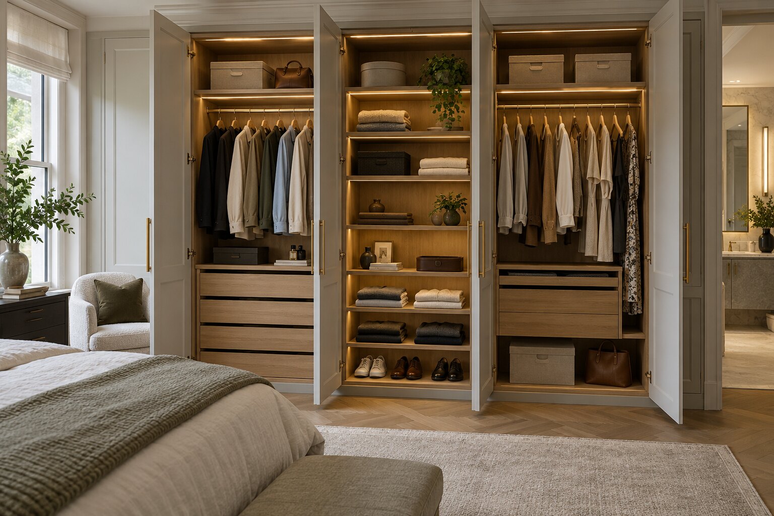 Organised bespoke wardrobe interior with drawers shelves and hanging space