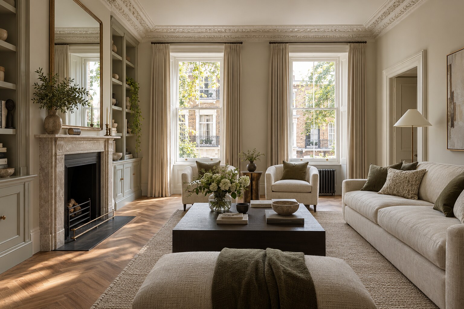Finished elegant bedroom and joinery after a Chelsea flat refurbishment