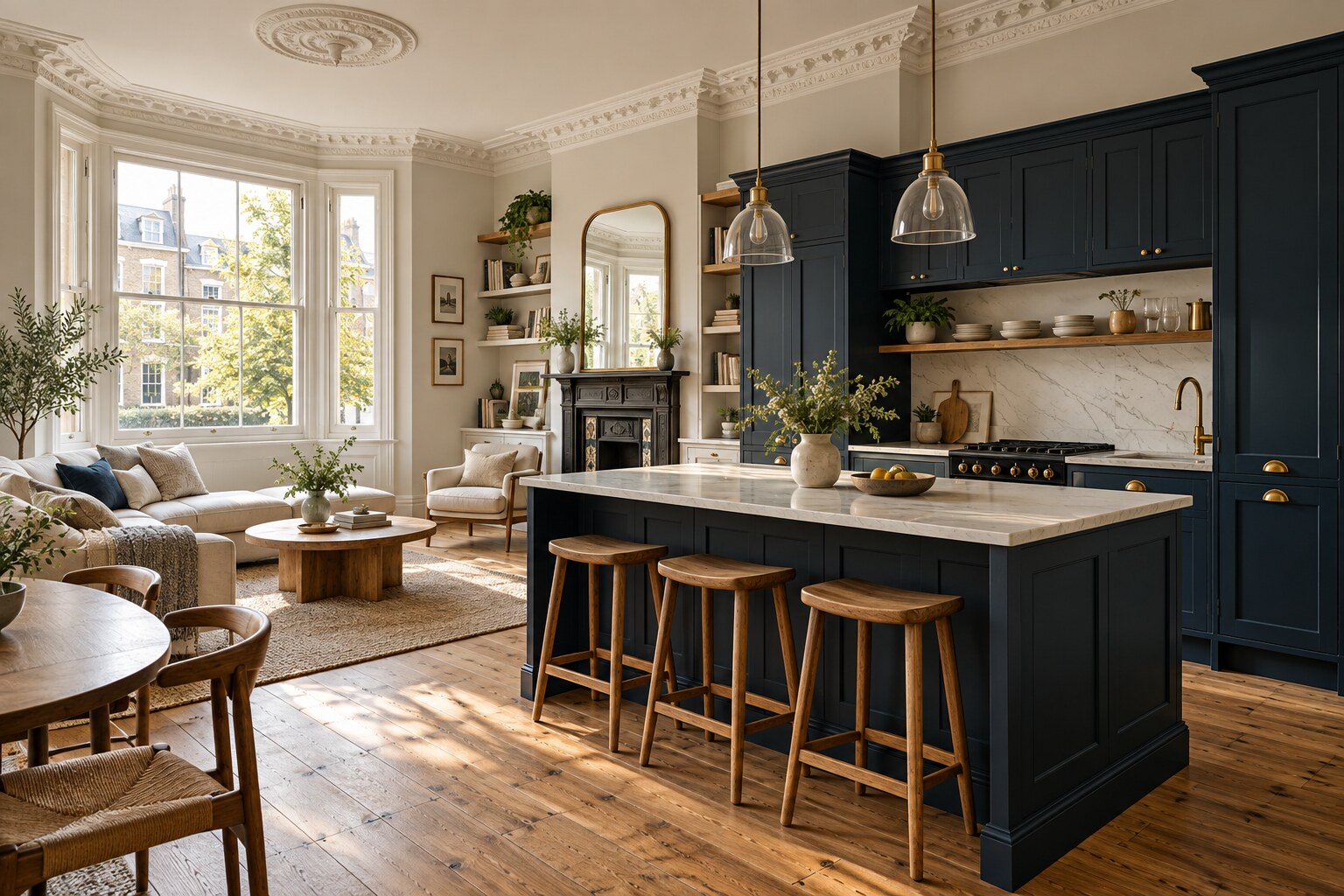 Warm open-plan interior completed in a Fulham apartment