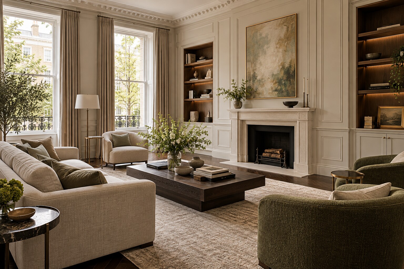 Panelled living room after a Kensington apartment refurbishment