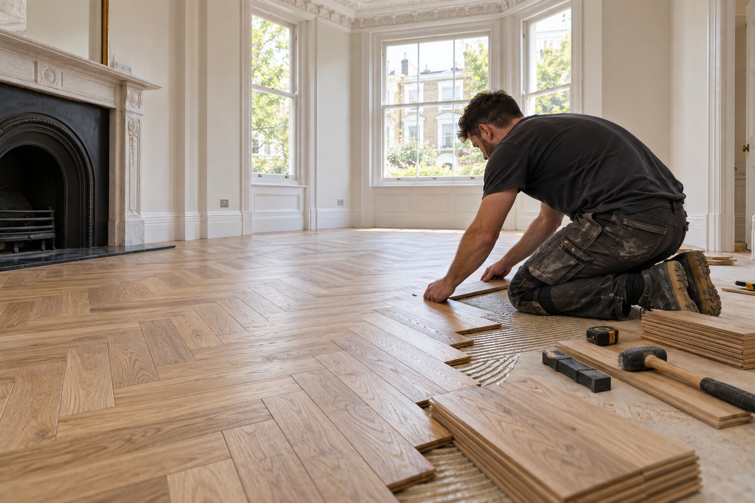 Herringbone wood flooring installation in a West London home