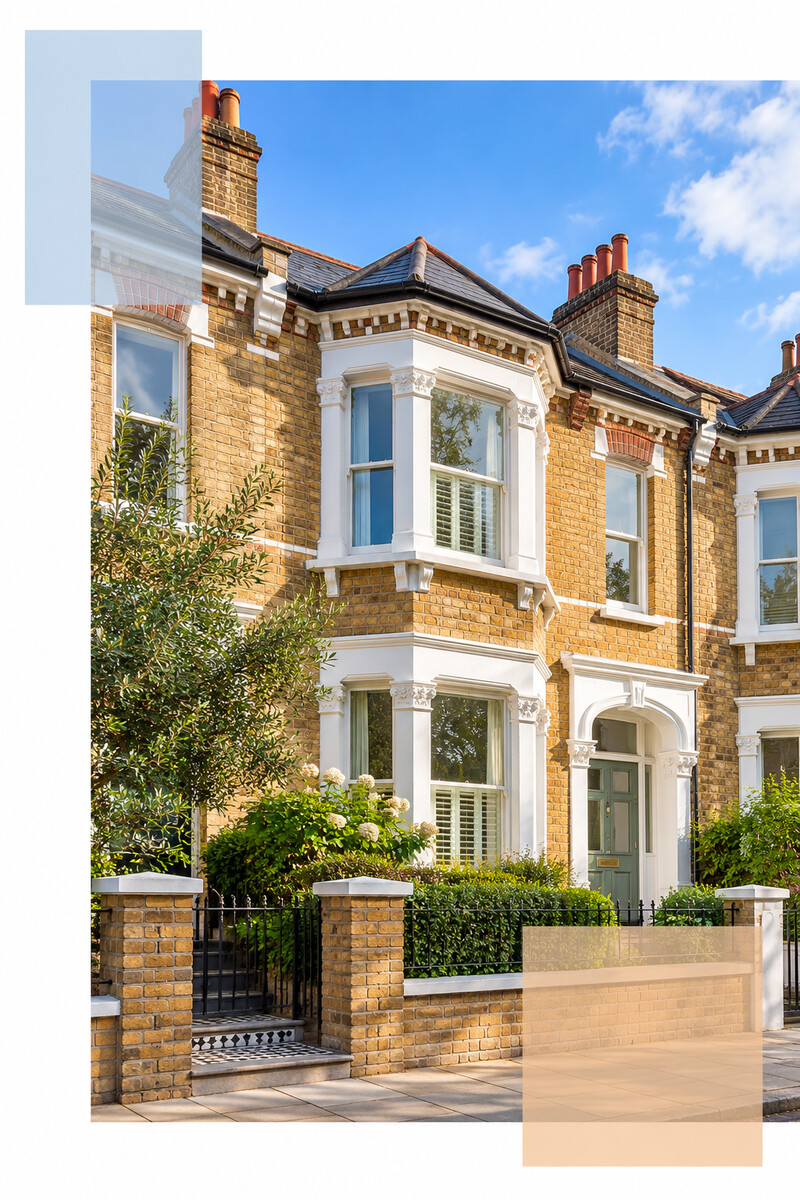 Period brick house exterior with bay windows and a front garden
