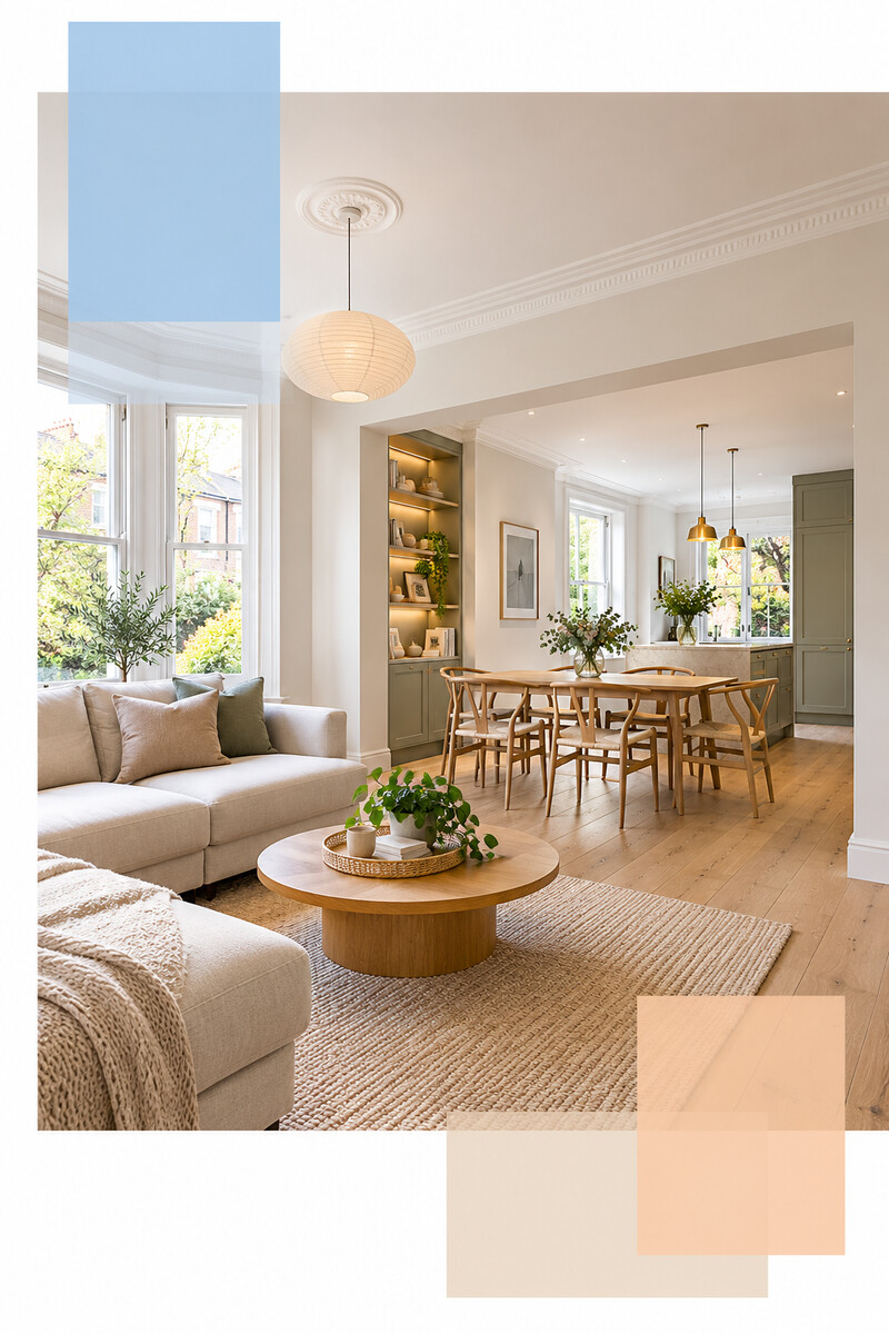 Bright refurbished living and dining room with fitted storage