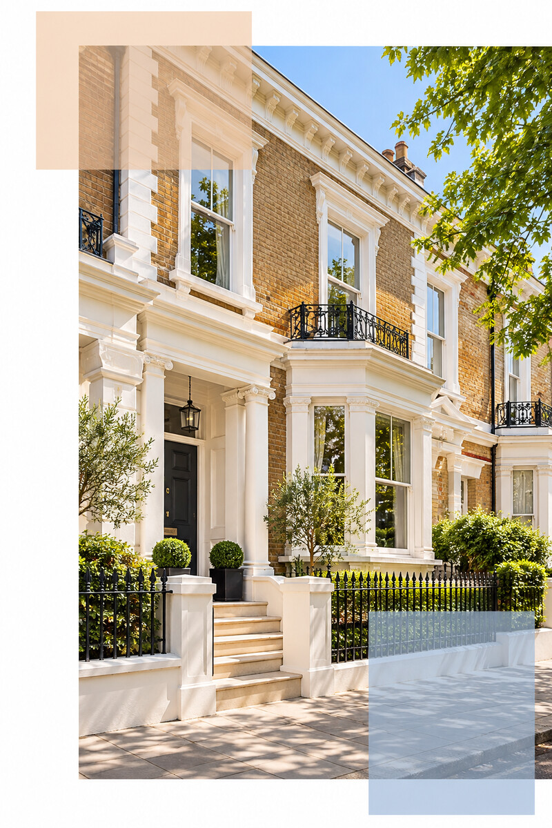 Elegant London townhouse exterior with brick and stucco details