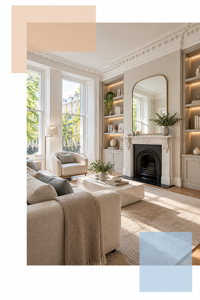 Refurbished period living room with fireplace and fitted joinery