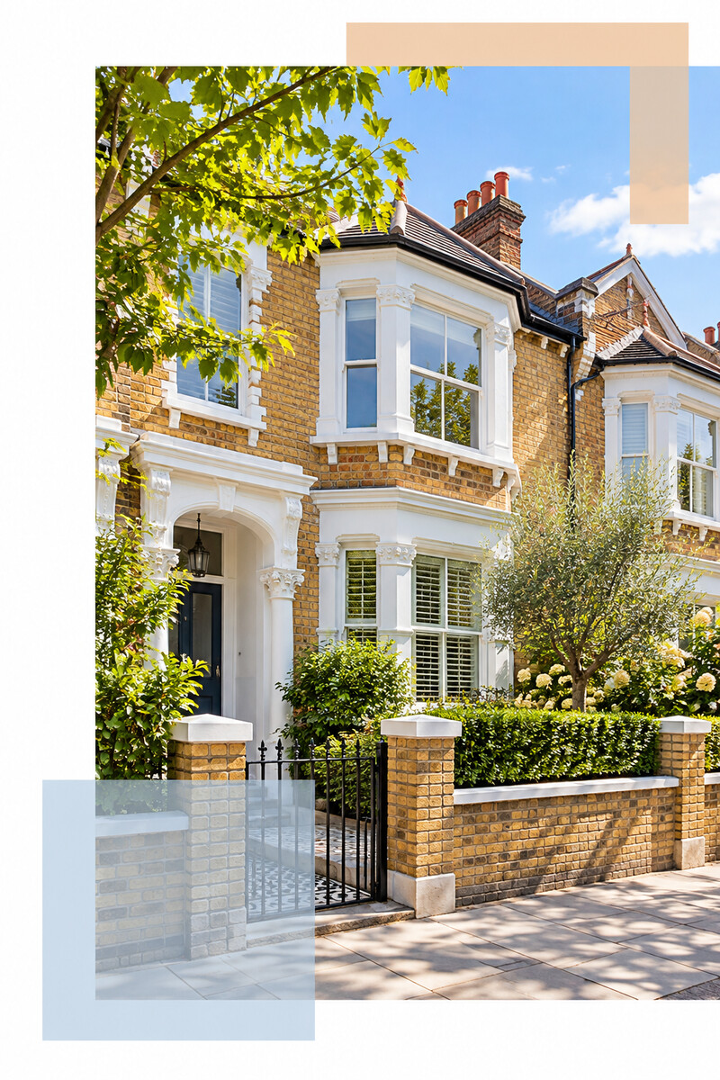 Leafy period house exterior with bay windows in West London