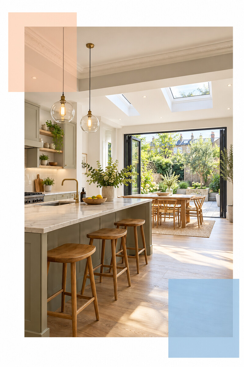 Bright refurbished kitchen and dining room opening onto a garden