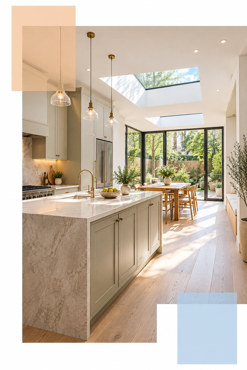 Refurbished kitchen and dining room with rooflights and garden glazing