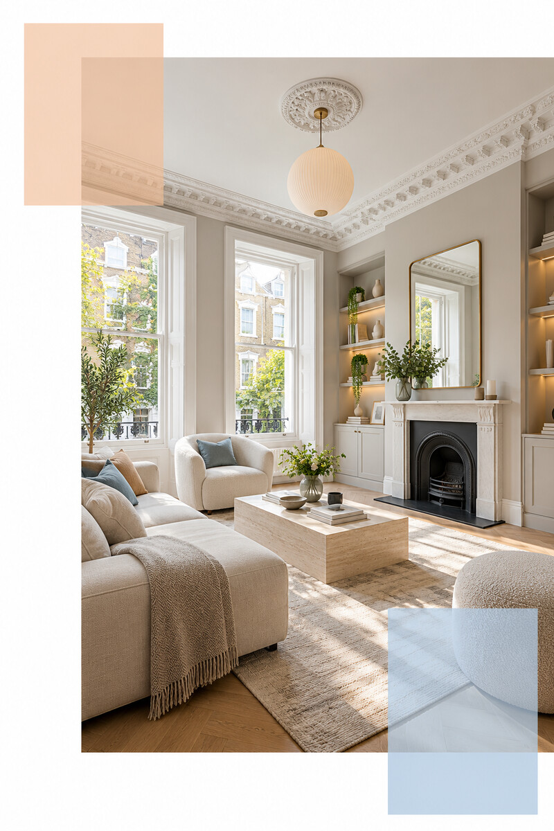 Elegant refurbished living room with fireplace and illuminated joinery