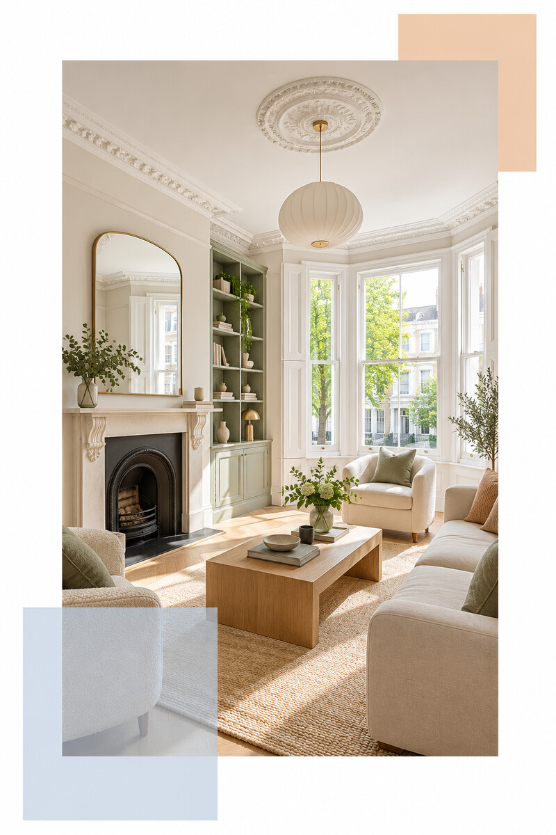 Refurbished living room with bay window, fireplace and fitted shelving
