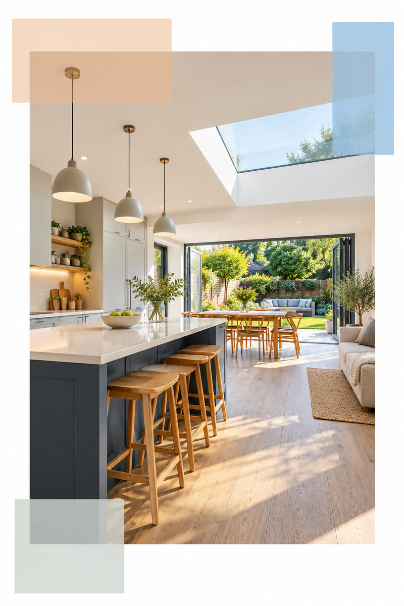Completed Acton home renovation with open kitchen, dining area and garden access