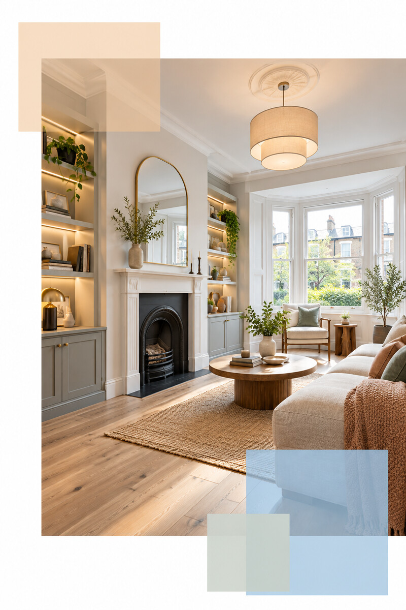 Completed Brentford living room renovation with fireplace and bespoke storage