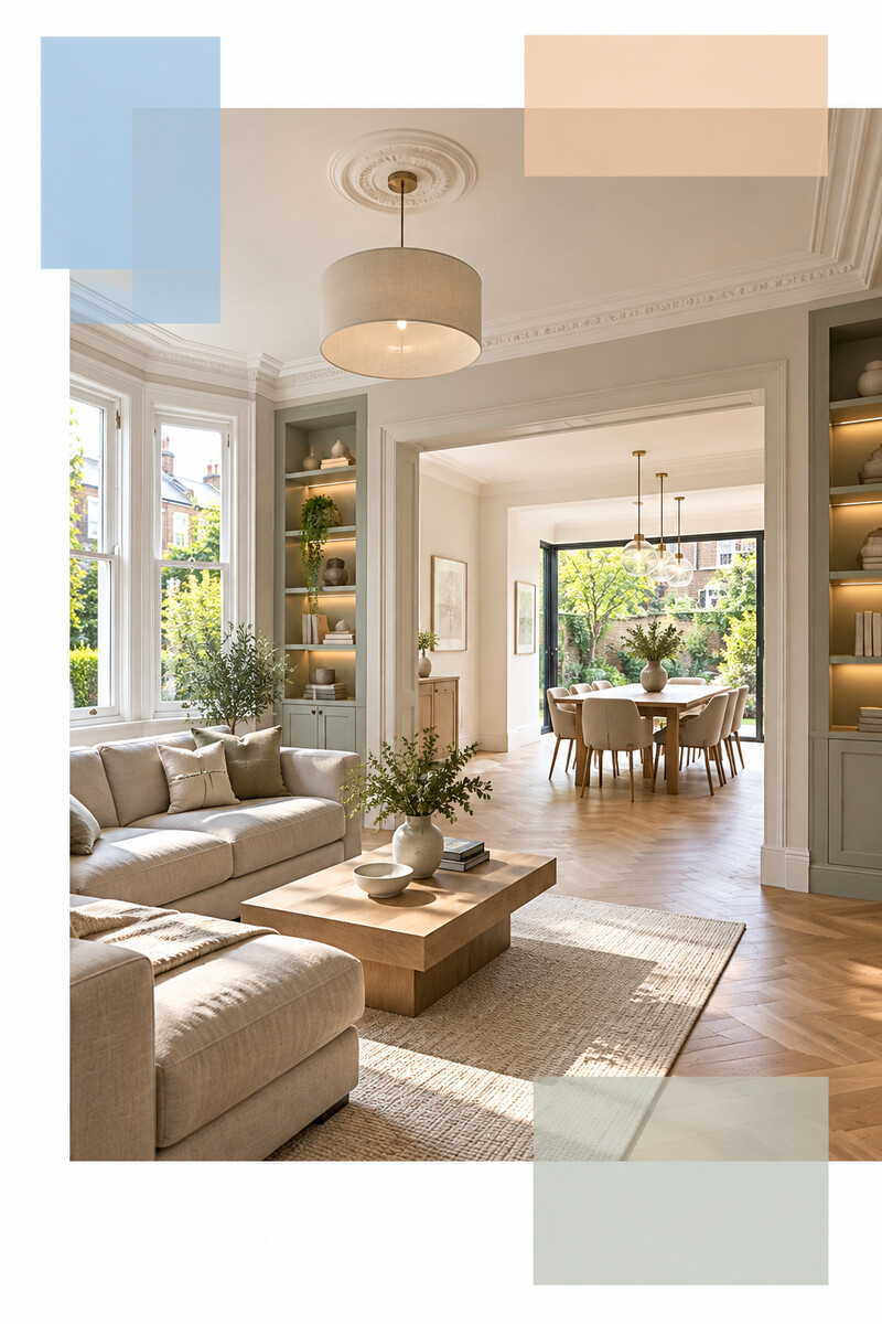Completed West London home renovation with connected living and dining rooms